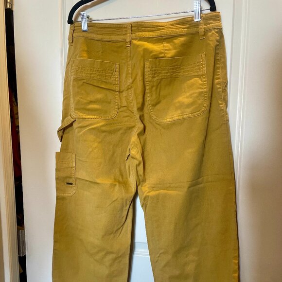 Prana Mustard Yellow Cropped Wide Leg Cargo Jeans Size 14 - Picture 1 of 5